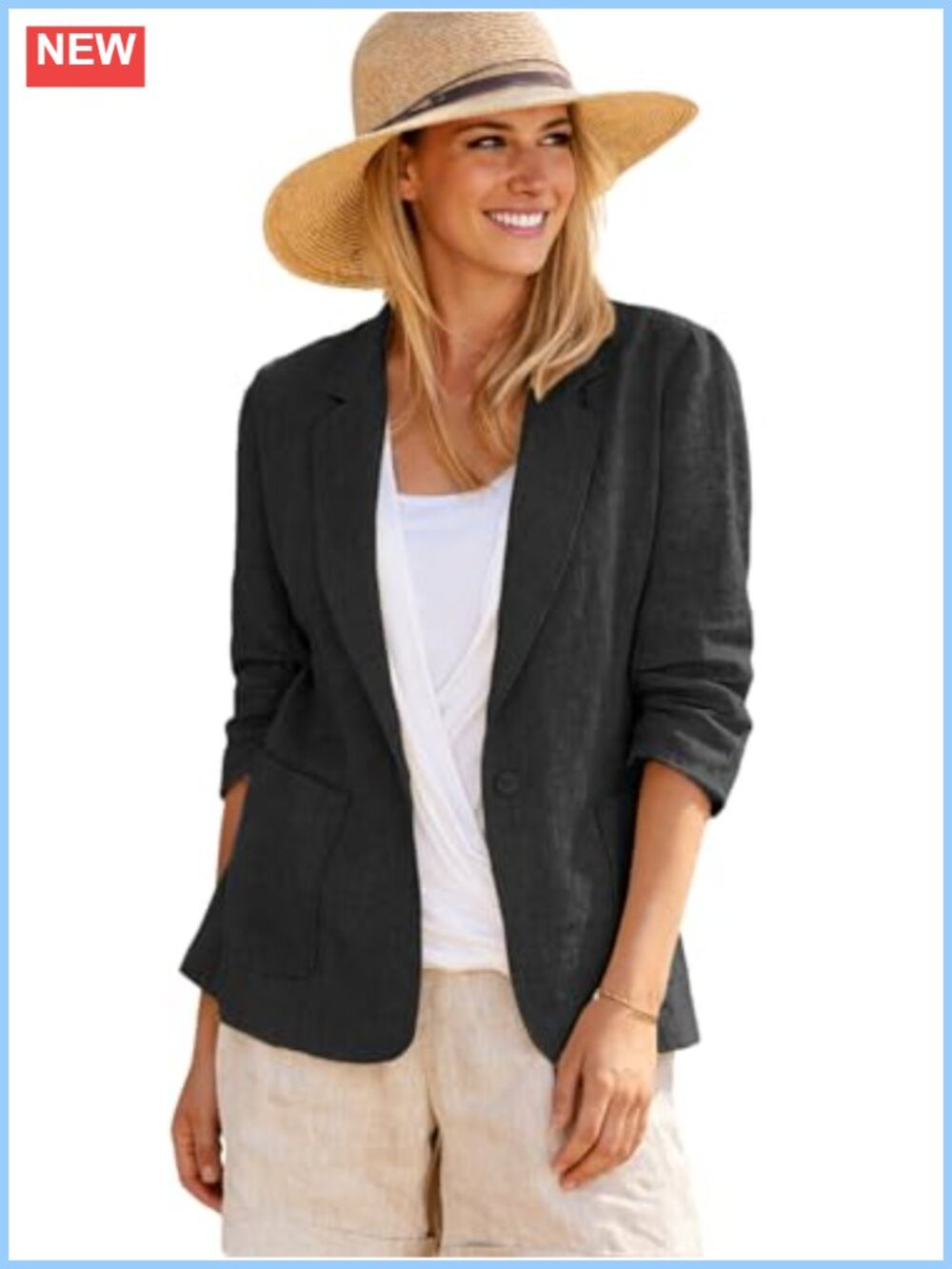Linen Blazer Jacket Lightweight Ruched Sleeve Casual Work Pocket